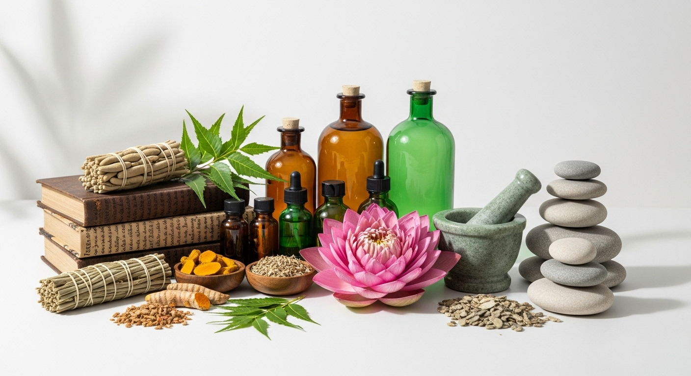 Traditional Ayurvedic medicine elements and herbs