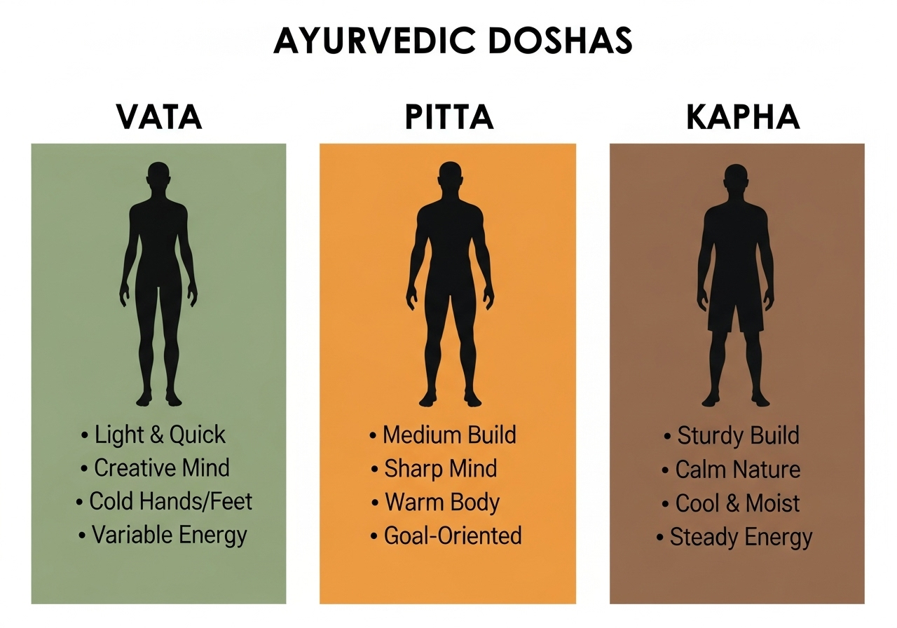 The Three Doshas - Vata, Pitta, Kapha Constitutional Types